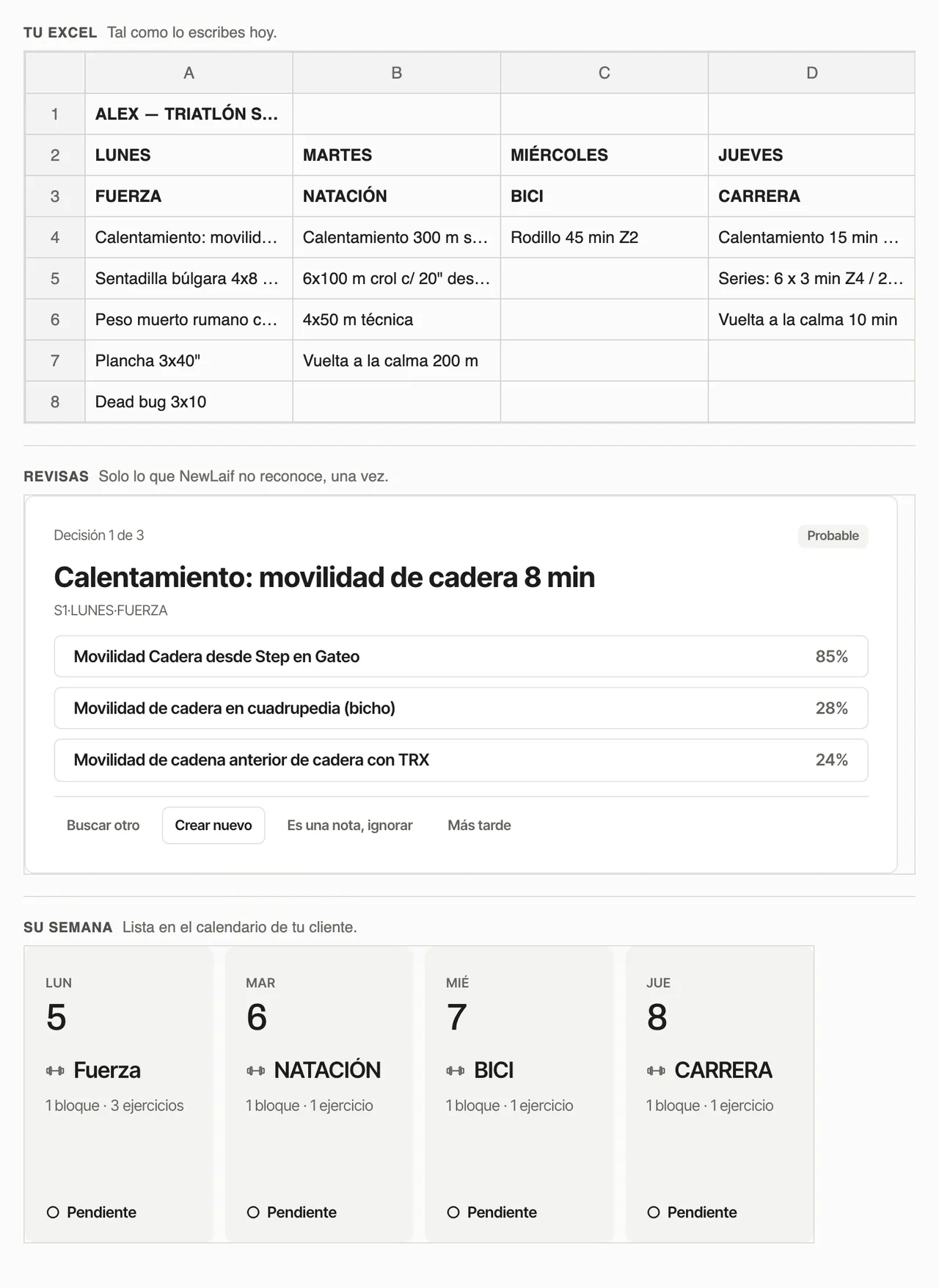 De un Excel de entrenamiento a la semana del cliente en SERAC, pasando por la revisión de los ejercicios que no reconoce.